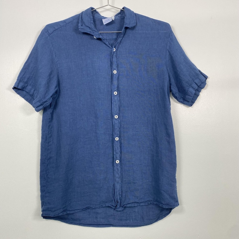 I.M.A Shirt Womens Small Blue Short Sleeve 100% Linen Button Front Top Oversized